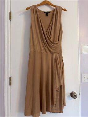 Ralph Lauren Sleeveless Draped V-Neck Midi Dress in Camel Tan, super easy to